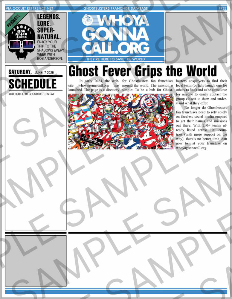 Sample page one of WhoYaGonnaCall.org Ghostbusters Day Zine